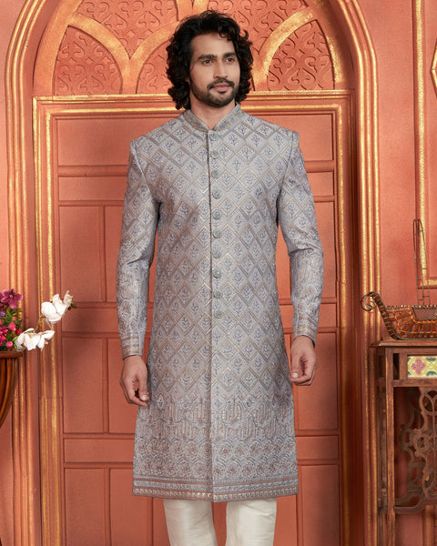 Grey Art Silk indian Ethnic Wear Men Readymade Sherwani With Hand Embroidery