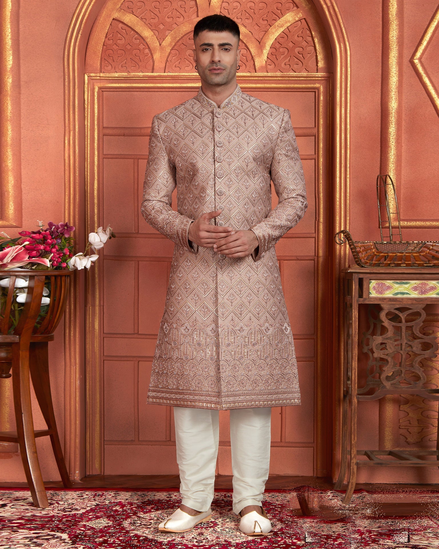 Onion Pink Art Silk indian Ethnic Wear Men Readymade Sherwani With Hand Embroidery