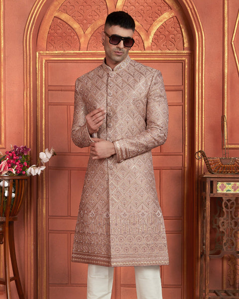 Onion Pink Art Silk indian Ethnic Wear Men Readymade Sherwani With Hand Embroidery