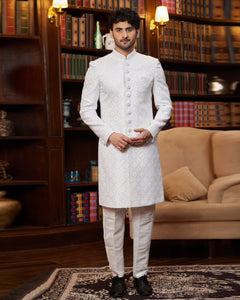 Off White Jacquard Silk Man Readymade Sherwani With Hand Embroidery