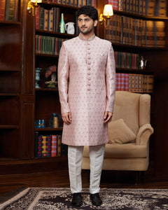 Pink Jacquard Silk Man Readymade Sherwani With Hand Embroidery