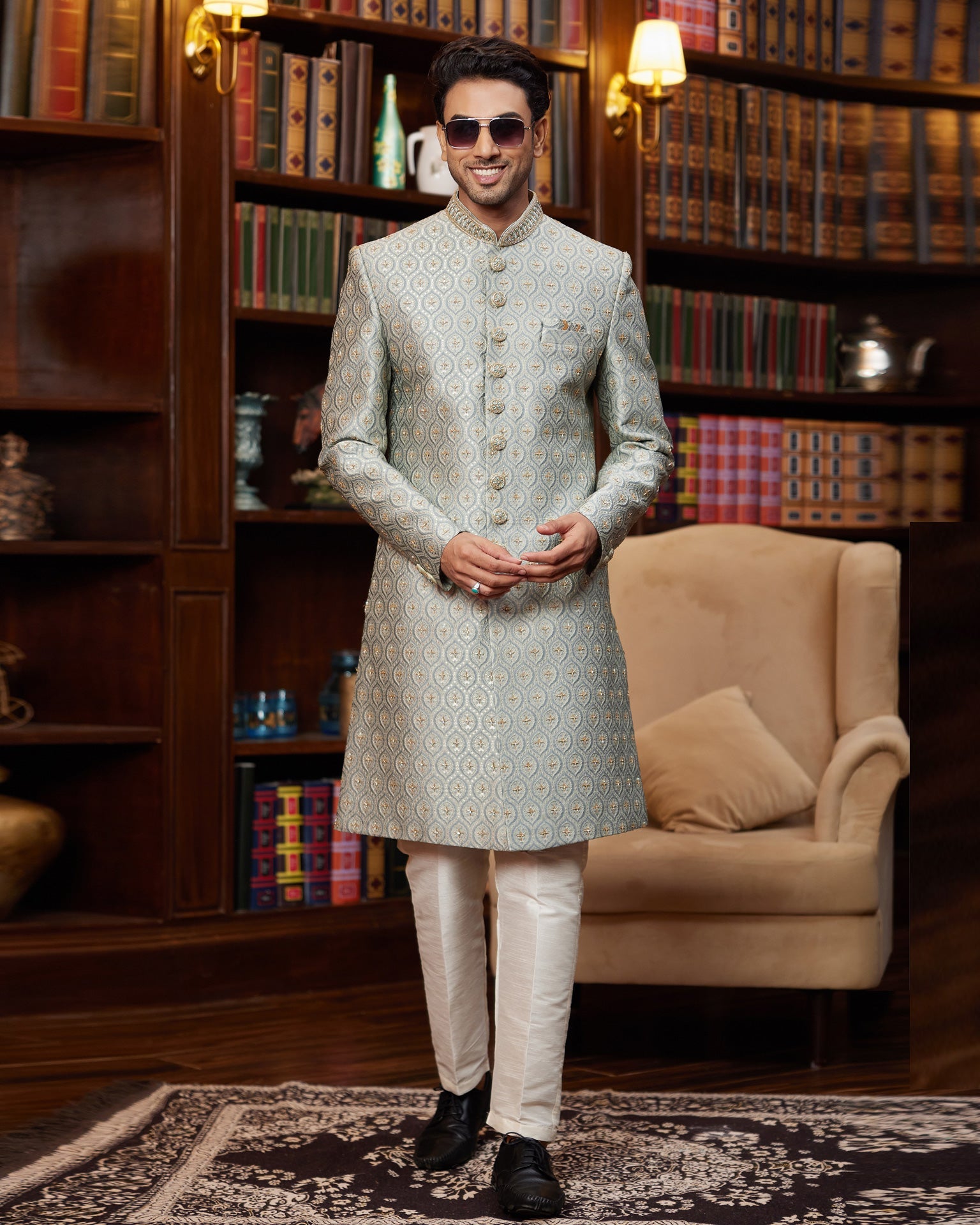 Blue Jacquard Silk Man Readymade Sherwani With Hand Embroidery