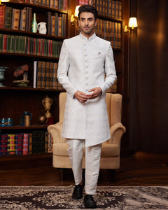 Light Grey Jacquard Silk Man Readymade Sherwani With Hand Embroidery