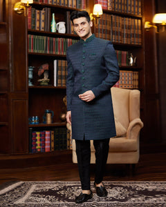 Navy Blue Jacquard Silk Man Readymade Indo Western Sherwani With Hand Embroidery