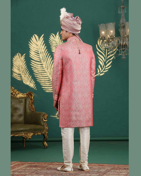 Pink Banarasi Jacquard Groom Sherwani With Cream Churidar & Dupatta For Men