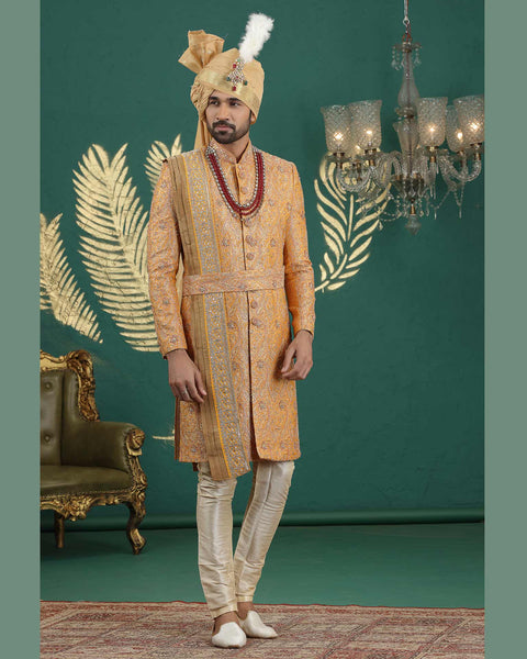 Yellow Banarasi Jacquard Groom Sherwani With Golden Churidar & Dupatta For Men