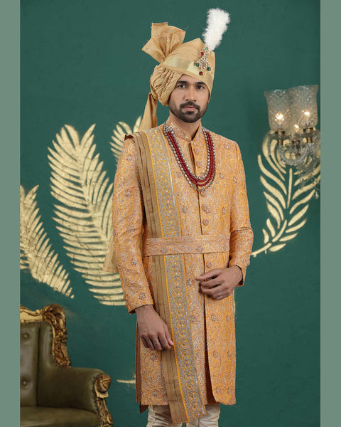 Yellow Banarasi Jacquard Groom Sherwani With Golden Churidar & Dupatta For Men