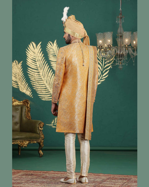 Yellow Banarasi Jacquard Groom Sherwani With Golden Churidar & Dupatta For Men