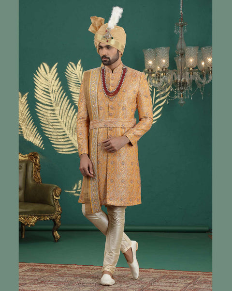Yellow Banarasi Jacquard Groom Sherwani With Golden Churidar & Dupatta For Men