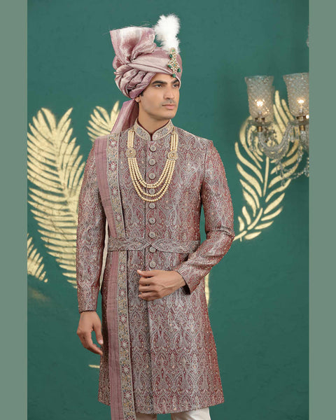 Wine Banarasi Jacquard Groom Sherwani With Cream Churidar & Dupatta For Men