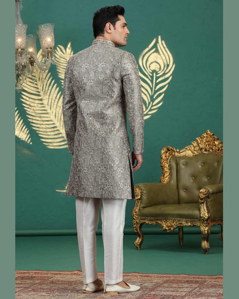 Green Art Silk Groom Sherwani With Off White Aligadi Pant For Men