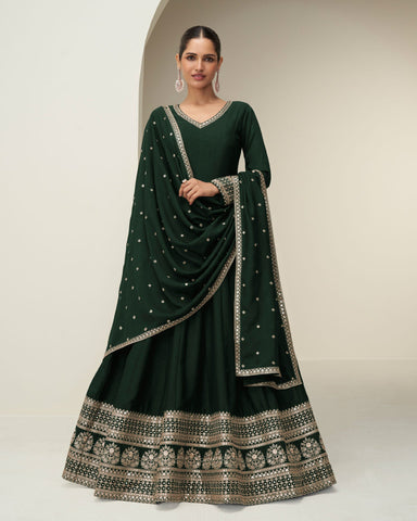 Green Silk Zari Thread Work Women Readymade Anarkali Gown