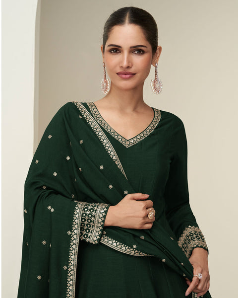 Green Silk Zari Thread Work Women Readymade Anarkali Gown