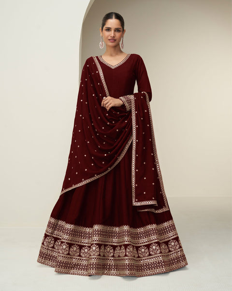 Maroon Silk Zari Thread Work Women Readymade Anarkali Gown
