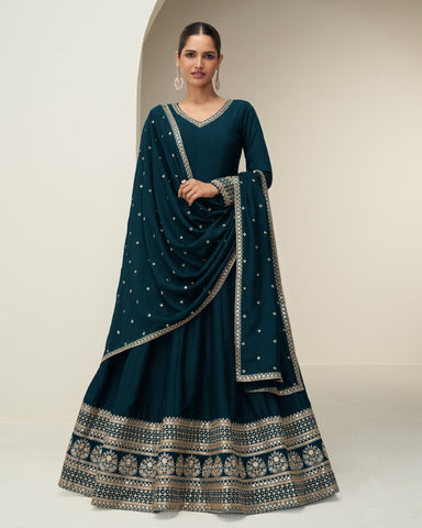 Blue Silk Zari Thread Work Women Readymade Anarkali Gown