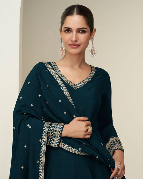 Blue Silk Zari Thread Work Women Readymade Anarkali Gown