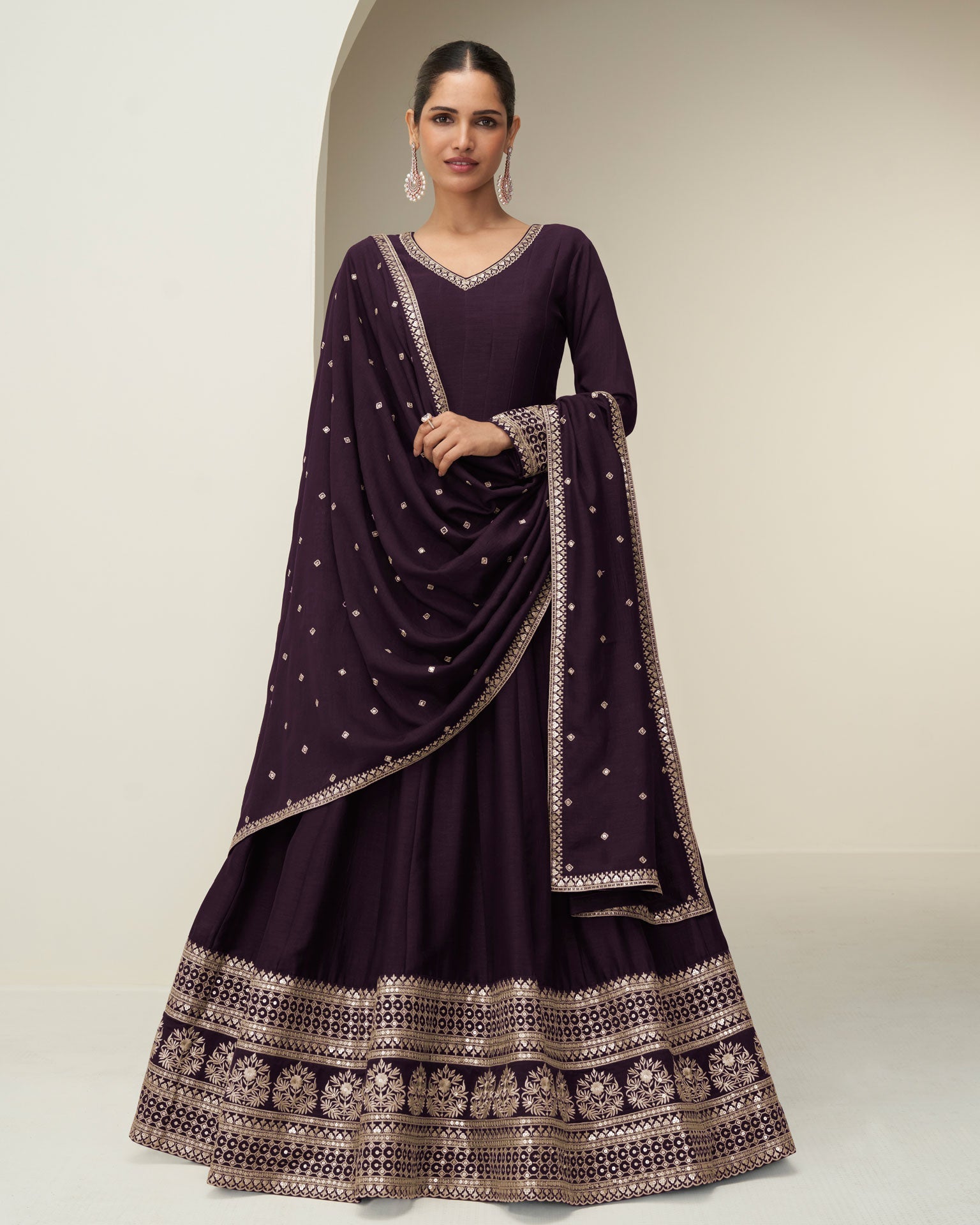 Wine Silk Zari Thread Work Women Readymade Anarkali Gown