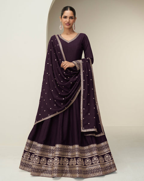 Wine Silk Zari Thread Work Women Readymade Anarkali Gown
