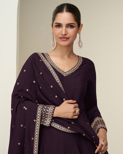 Wine Silk Zari Thread Work Women Readymade Anarkali Gown