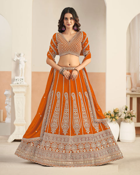 Orange Faux Georgette Zari Work Unstitched Women Lehenga Choli For Wedding