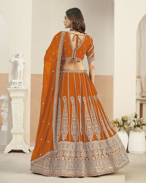 Orange Faux Georgette Zari Work Unstitched Women Lehenga Choli For Wedding