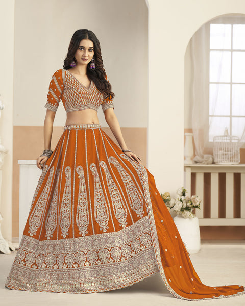 Orange Faux Georgette Zari Work Unstitched Women Lehenga Choli For Wedding