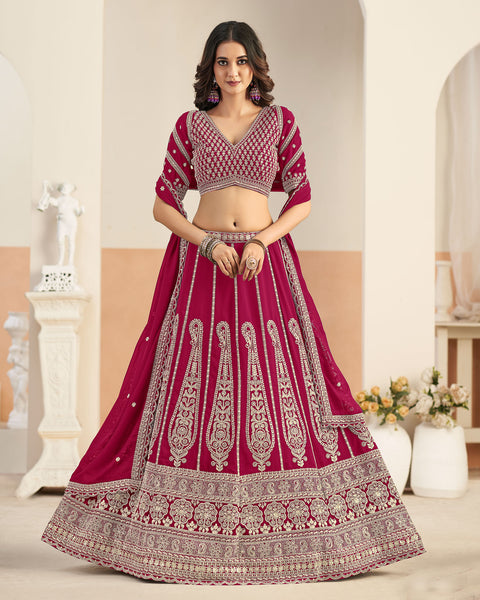 Magenta Faux Georgette Zari Work Unstitched Women Lehenga Choli For Wedding
