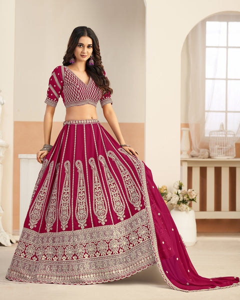 Magenta Faux Georgette Zari Work Unstitched Women Lehenga Choli For Wedding