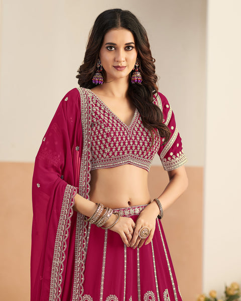 Magenta Faux Georgette Zari Work Unstitched Women Lehenga Choli For Wedding