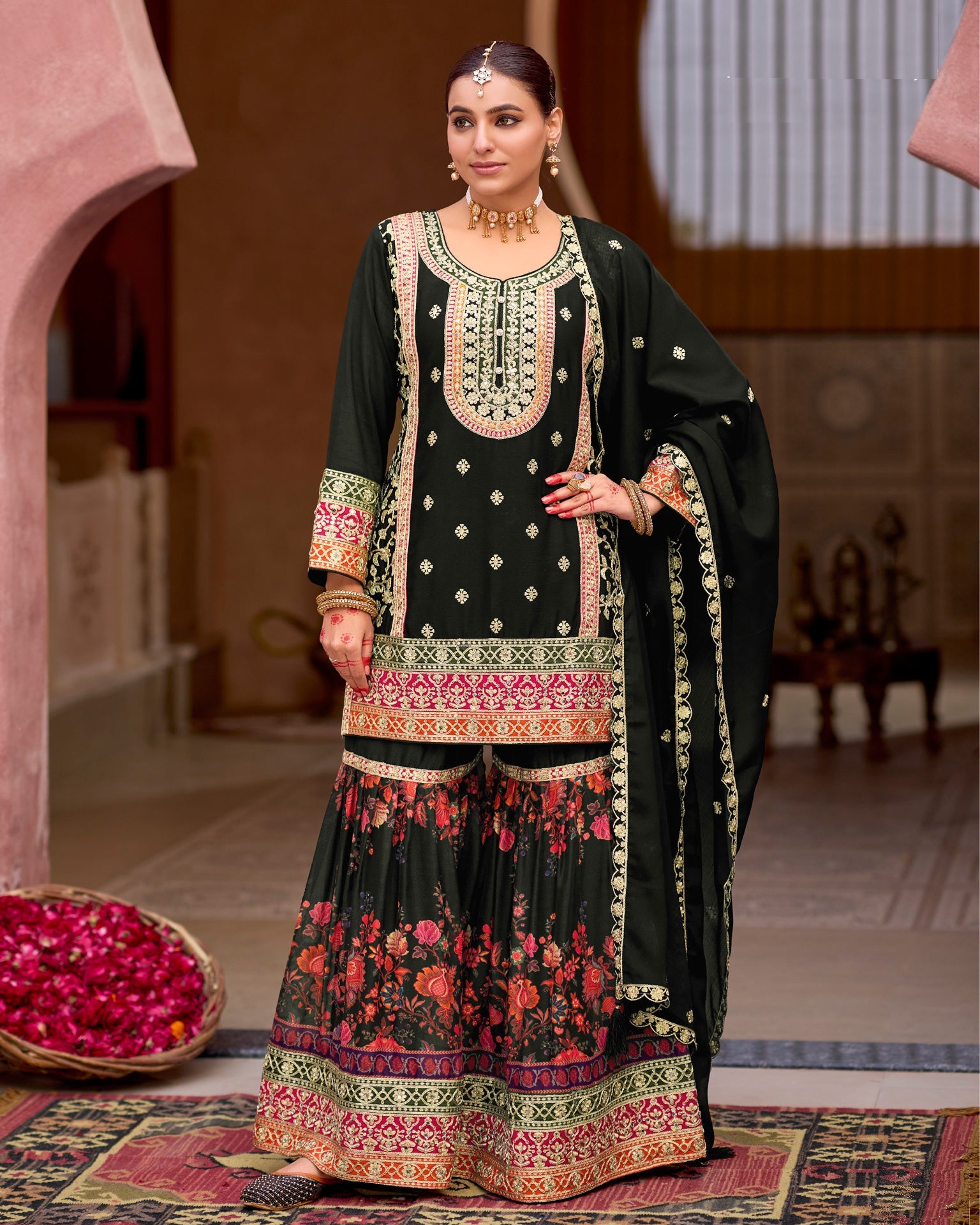 Black Chinnon Silk Zari Sequins Mirror Work Women Readymade Sharara Suit