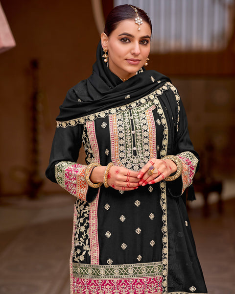Black Chinnon Silk Zari Sequins Mirror Work Women Readymade Sharara Suit