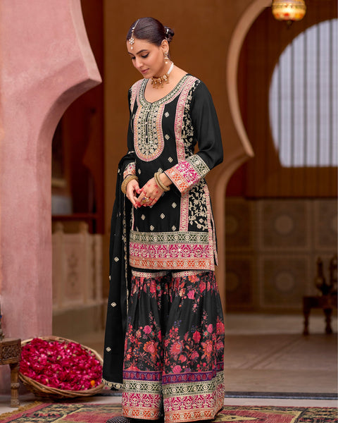 Black Chinnon Silk Zari Sequins Mirror Work Women Readymade Sharara Suit