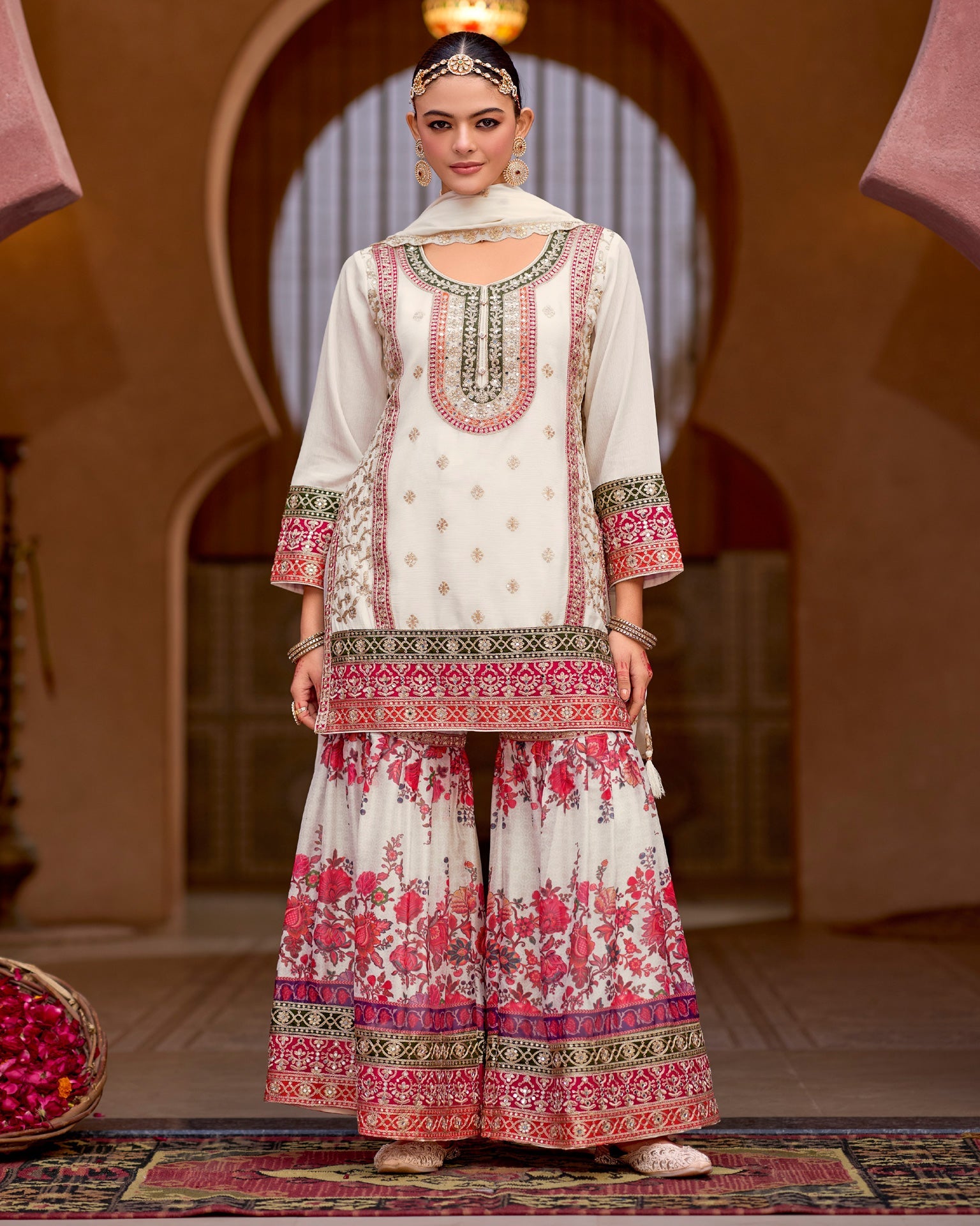White Chinnon Silk Zari Sequins Mirror Work Women Readymade Sharara Suit