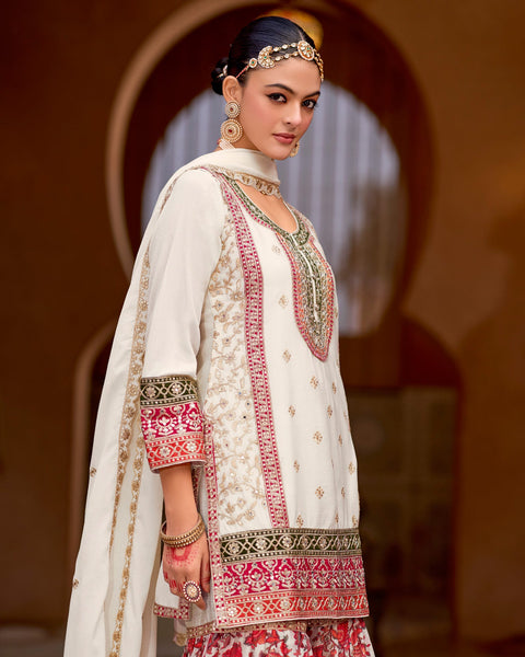 White Chinnon Silk Zari Sequins Mirror Work Women Readymade Sharara Suit