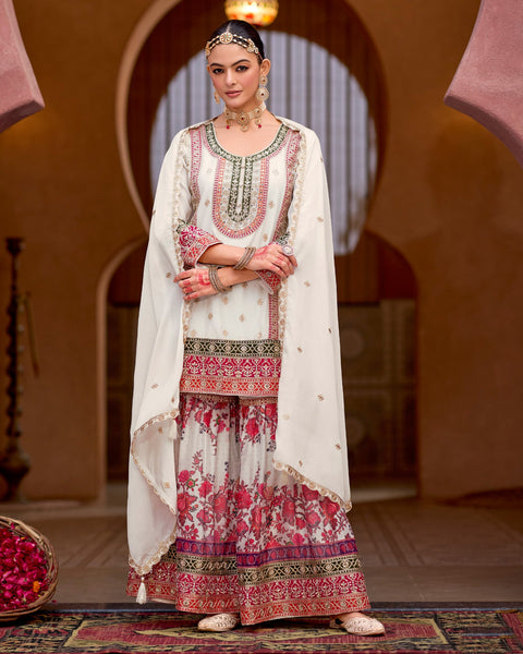White Chinnon Silk Zari Sequins Mirror Work Women Readymade Sharara Suit
