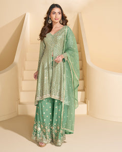 Green Pure Georgette Zari Sequins & Stone Embroidery Work Women Readymade Palazzo Suit