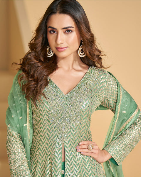Green Pure Georgette Zari Sequins & Stone Embroidery Work Women Readymade Palazzo Suit