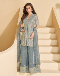 Grey Pure Georgette Zari Sequins Embroidery Work Women Readymade Palazzo Suit