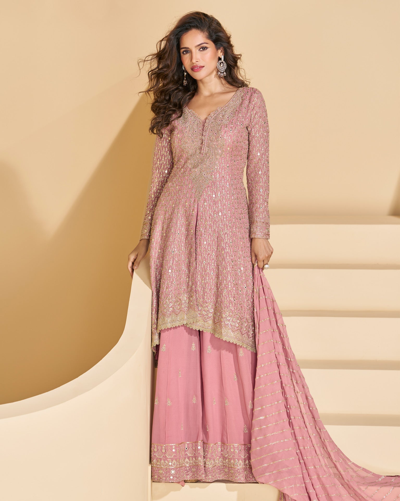 Pink Pure Georgette Zari Sequins & Mirror Embroidery Work Women Readymade Palazzo Suit