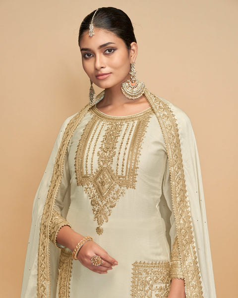 Off White Chinnon Silk Zari Sequins Work Women Readymade Palazzo Suit