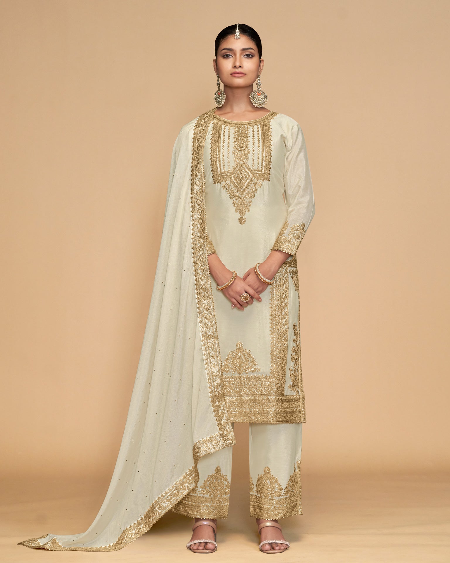 Off White Chinnon Silk Zari Sequins Work Women Readymade Palazzo Suit
