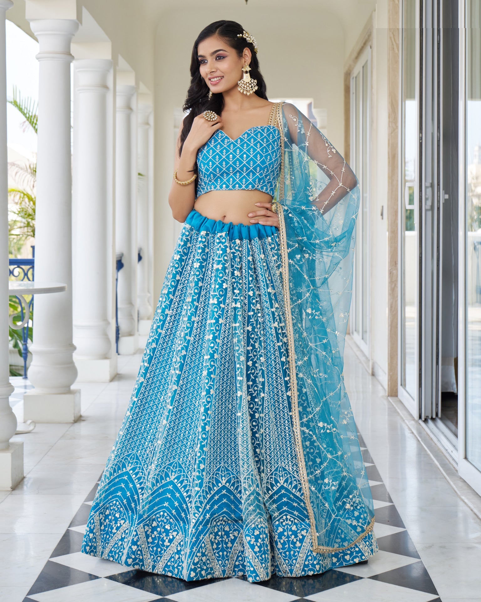 Sky Blue Thread & Sequins Work Customized Women Net Lehenga Choli With Embroidered Dupatta