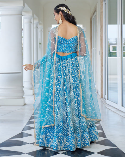 Sky Blue Thread & Sequins Work Customized Women Net Lehenga Choli With Embroidered Dupatta