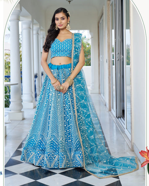 Sky Blue Thread & Sequins Work Customized Women Net Lehenga Choli With Embroidered Dupatta