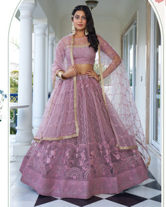 Dusty Pink Thread & Sequins Work Customized Women Net Lehenga Choli With Embroidered Dupatta