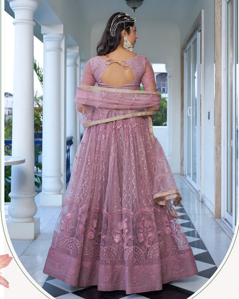 Dusty Pink Thread & Sequins Work Customized Women Net Lehenga Choli With Embroidered Dupatta