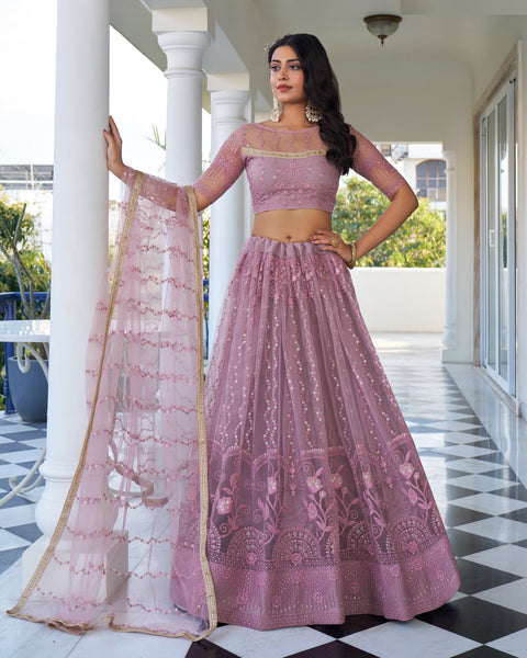 Dusty Pink Thread & Sequins Work Customized Women Net Lehenga Choli With Embroidered Dupatta