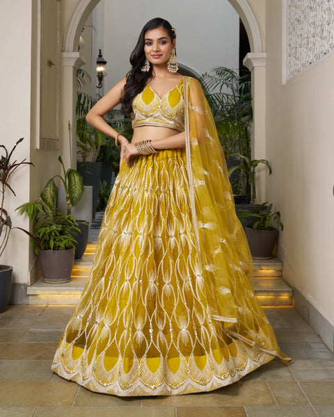 Mustard Yellow Thread & Sequins Work Customized Women Net Lehenga Choli With Embroidered Dupatta