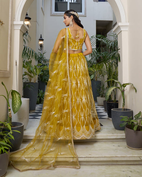 Mustard Yellow Thread & Sequins Work Customized Women Net Lehenga Choli With Embroidered Dupatta