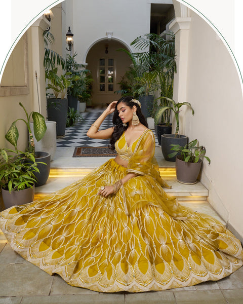 Mustard Yellow Thread & Sequins Work Customized Women Net Lehenga Choli With Embroidered Dupatta